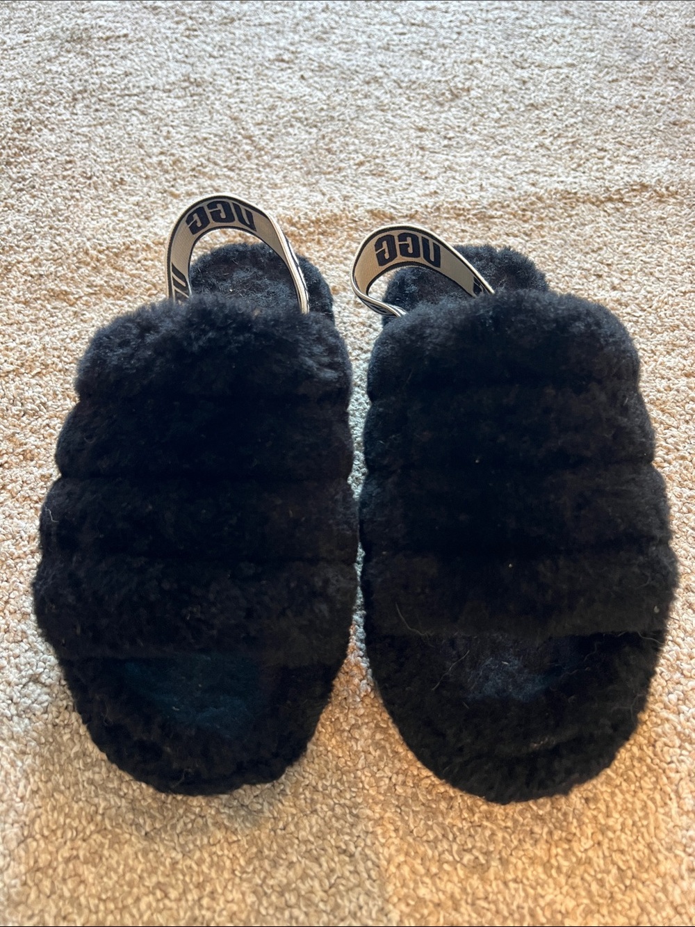 UGG Black Plush Shearling Slide Sandals with Branded Strap